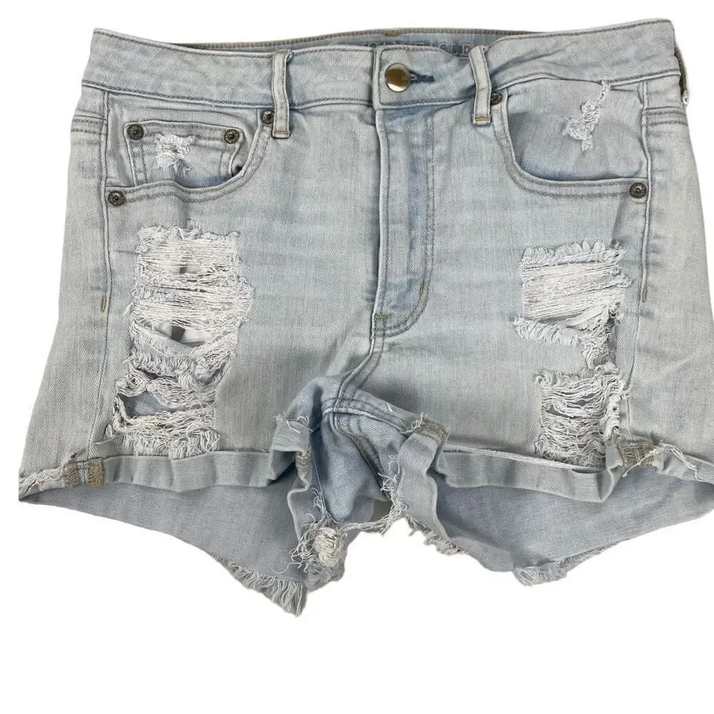 American Eagle Light Wash Distressed Super High Rise Shortie size 8